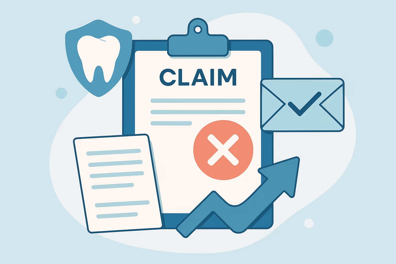 Clipboard showing claim form with red cross and icons of tooth shield document upward arrow and email envelope with checkmark on light blue abstract background
