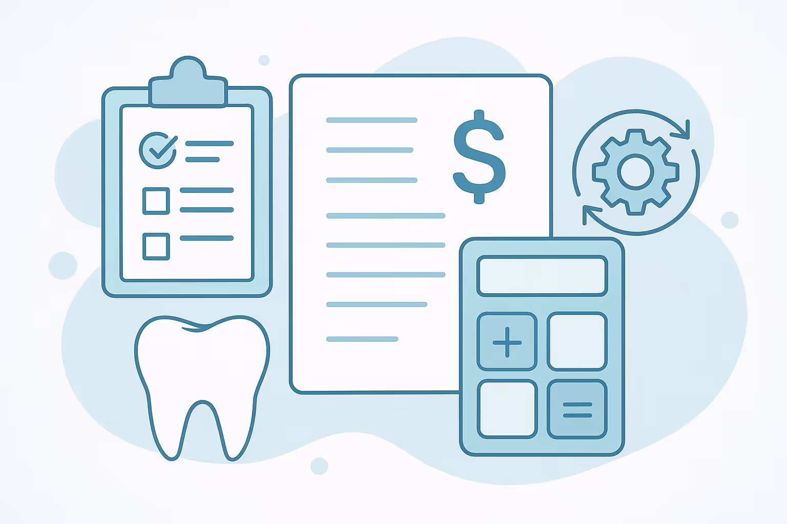 clipboard with a checklist tooth icon a document with a dollar sign a calculator and a gear symbol on a light blue abstract background