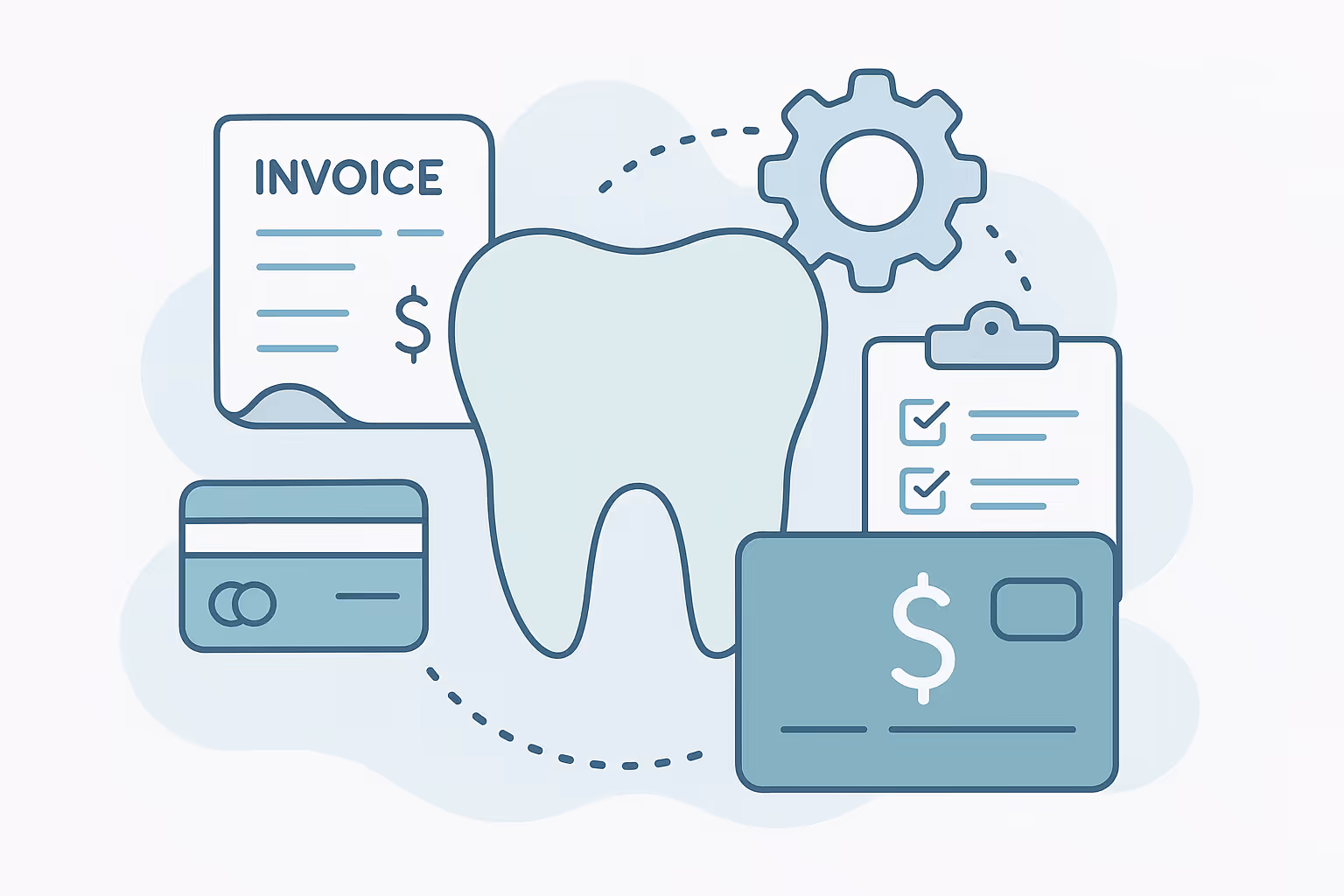 A stylized flat illustration of a large central tooth icon surrounded by a document labeled invoice a credit card a checklist clipboard a dollar card and a gear icon representing dental billing and payment processing