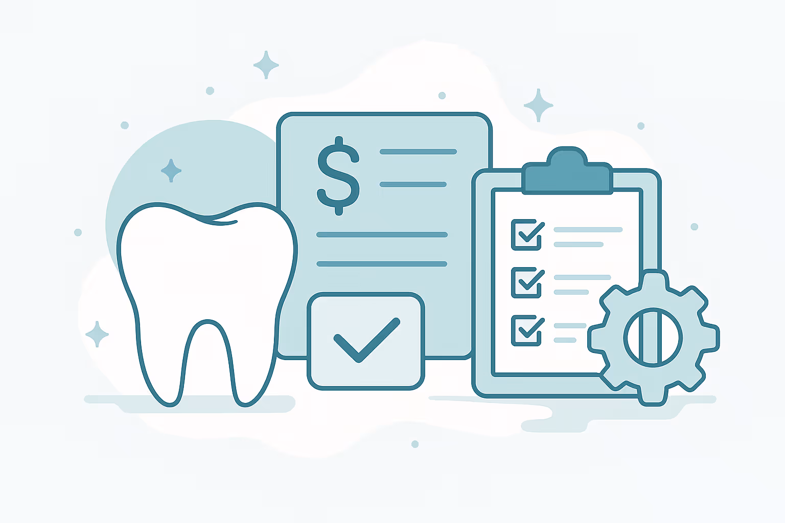 large tooth icon next to a paper with a dollar sign and check mark alongside a clipboard showing a list of checked items and a gear graphic in soft teal colors