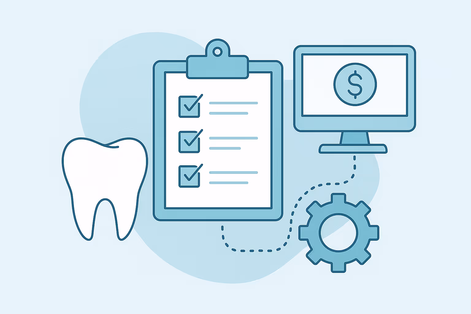 tooth icon next to clipboard with three checked items and dotted line leading to gear icon and computer monitor with dollar symbol