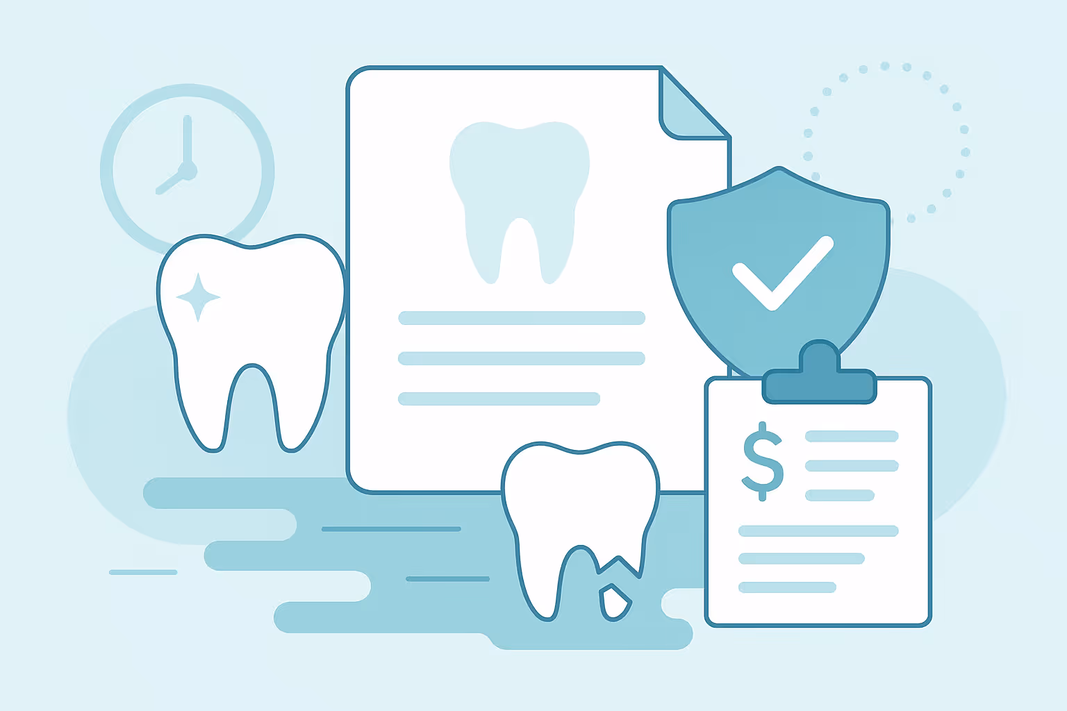 Vector illustration of dental insurance concept with stylized tooth icons policy document with tooth symbol clipboard with dollar sign shield with checkmark shiny tooth broken tooth and background clock and abstract shapes