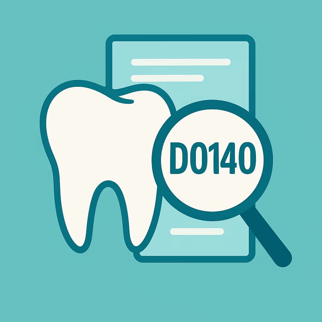 illustration of a large tooth and a magnifying glass highlighting a tooth next to a shield with a check mark alongside document pages with check marks a gear icon and a calculator in soft teal tones representing dental insurance and billing