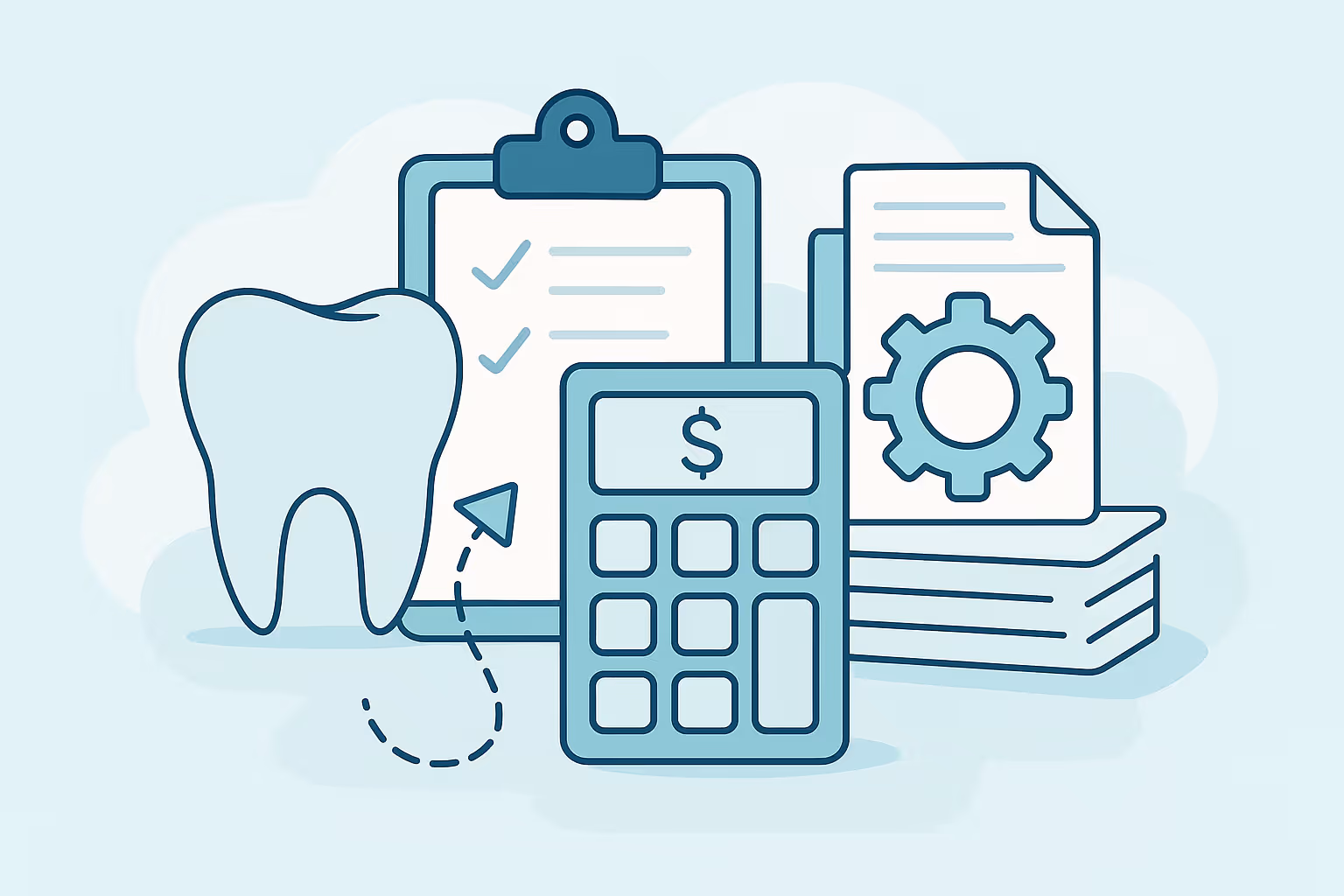 Stylized tooth next to a clipboard with two checkmarks a calculator displaying a dollar sign and a stack of documents topped by a gear icon against a pale blue background