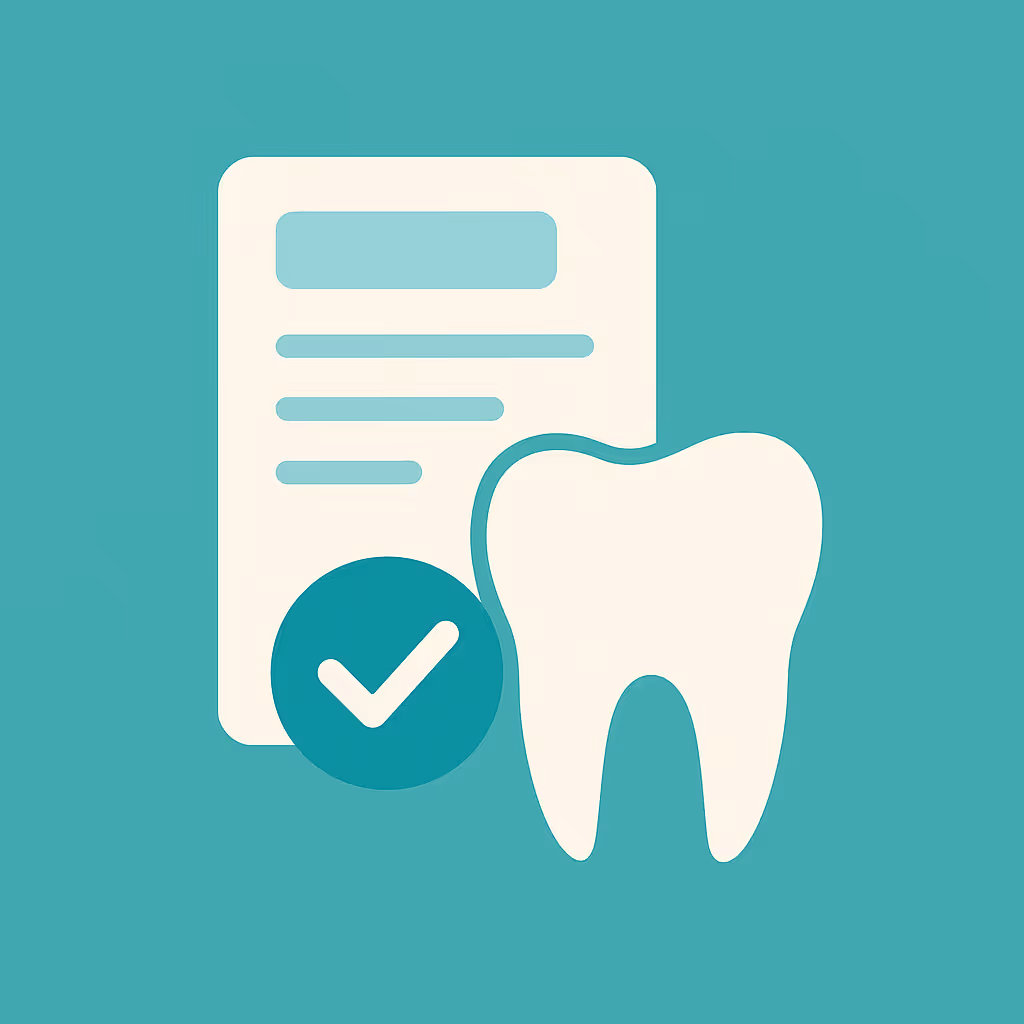 Illustration of a large white tooth next to insurance documents with a dollar sign a magnifying glass showing a check mark a shield with a tooth icon a gear icon and stylized leaves on a light blue background