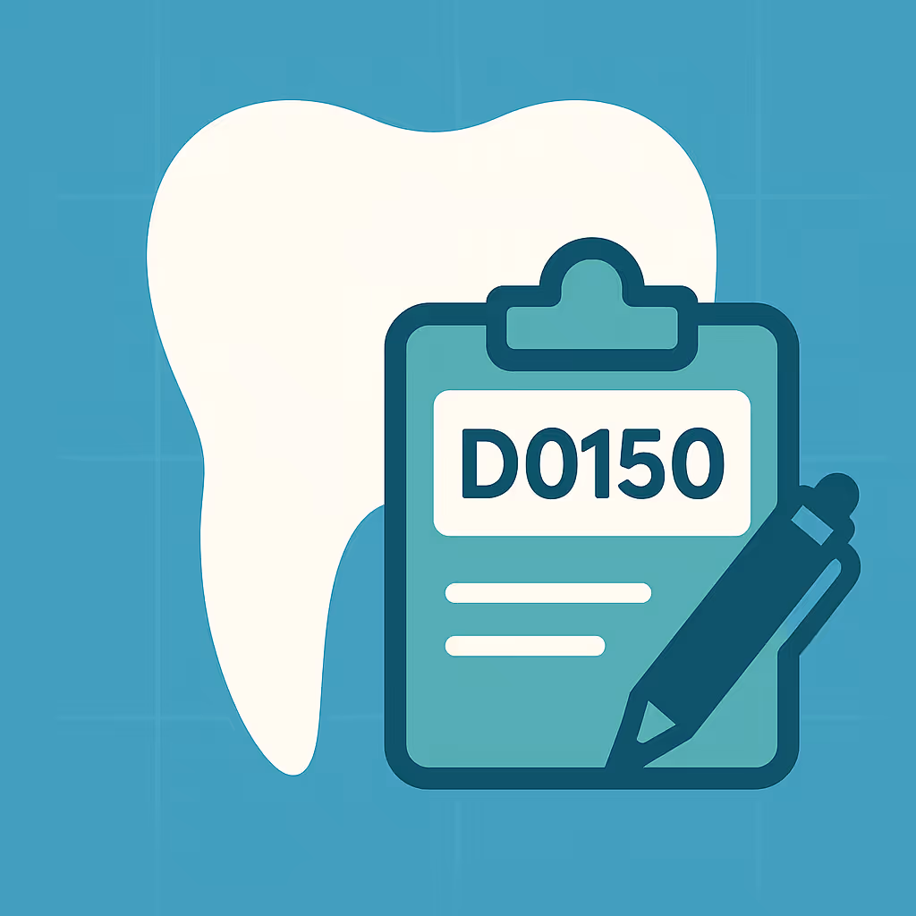 White tooth icon centered in a light blue circle surrounded by icons of a blank document a shield with a cross a clipboard with a checkmark and a document with a dollar sign and gear on a soft wavy background