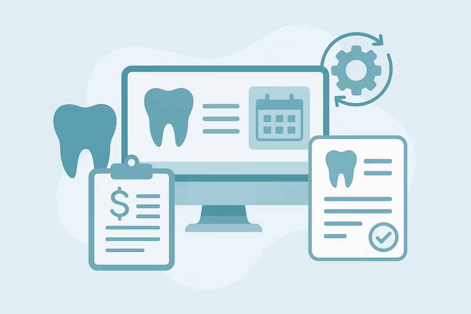 Large computer monitor with tooth icon horizontal lines of text and calendar icon next to rotating gear clipboard with dollar sign and lines of text and document with tooth icon lines of text and a checkmark all in teal tones representing dental practice management software interface