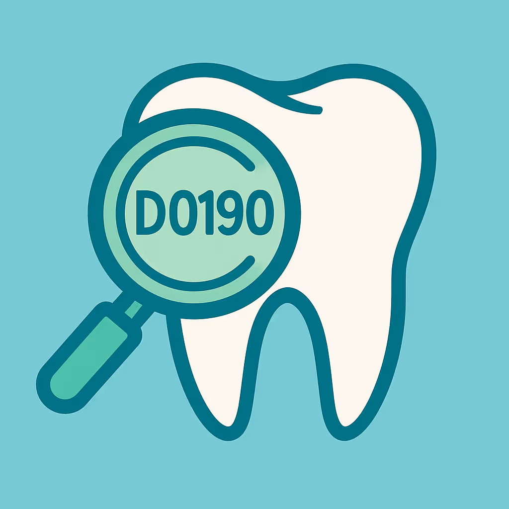 Outline of a tooth next to a document displaying the number 0190 a shield with a checkmark and a calculator and a gear icon on a light abstract background