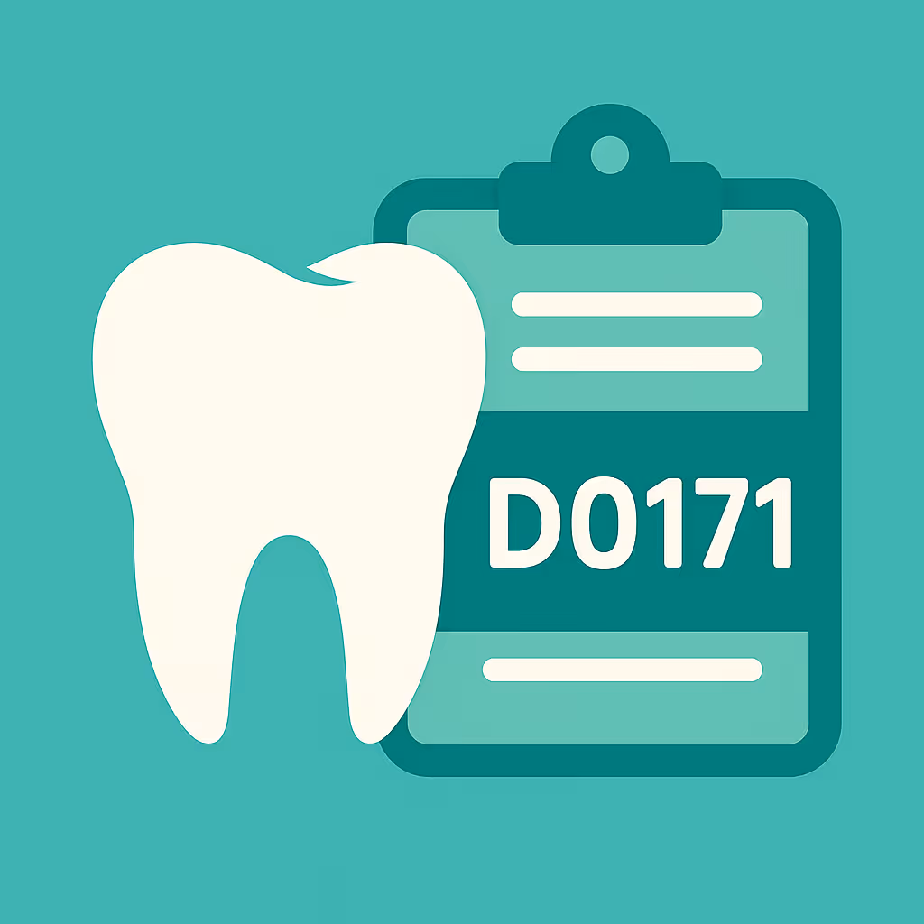 stylized illustration of a dental insurance concept showing a document with a tooth icon a magnifying glass highlighting the code D0171 a shield with a medical cross a dollar sign tag a standalone large tooth silhouette and a gear symbol