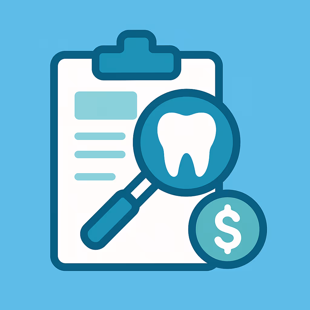 Minimalist illustration of dental insurance concept with a web browser window showing checkmarks a protective shield with a checkmark a tooth icon and a rolled up invoice with a dollar sign