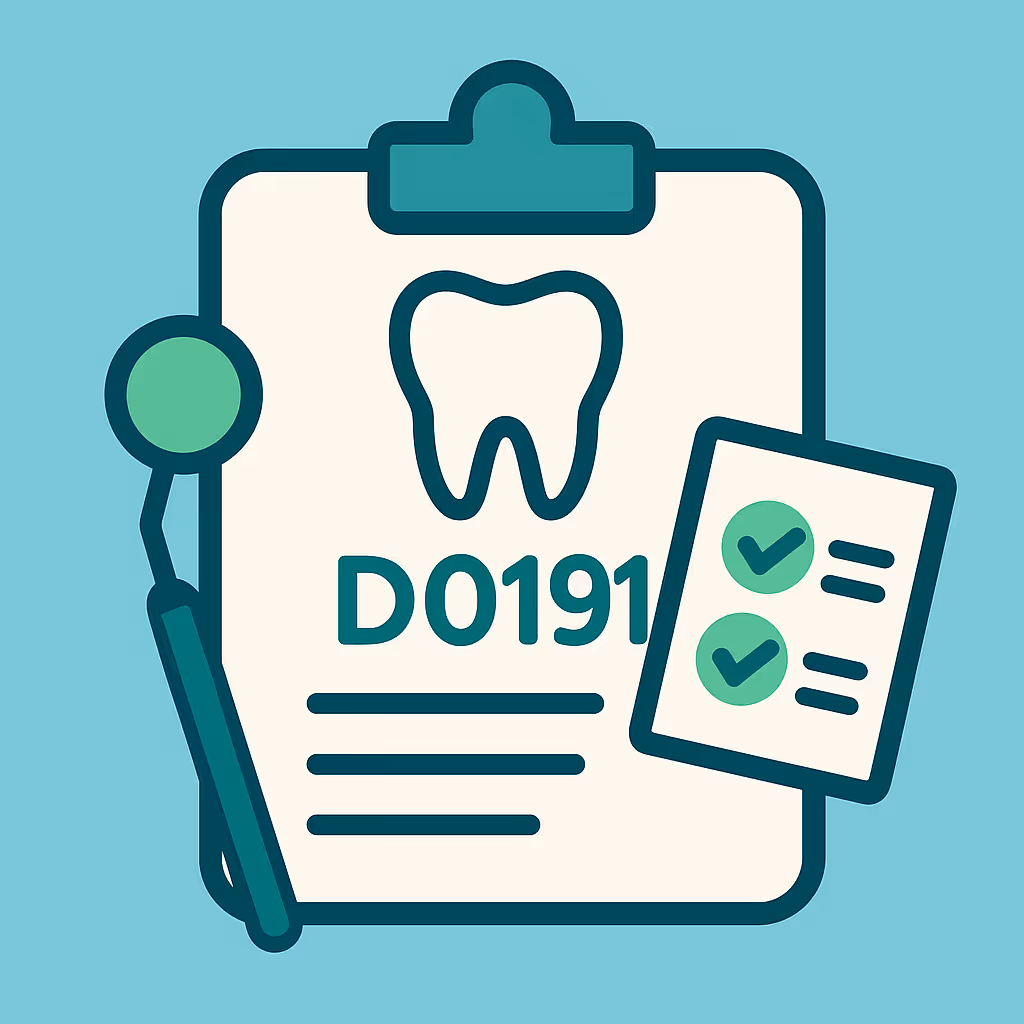 Tooth icon with shield and checkmark next to clipboard with checklist document showing dollar sign and gear icons on light blue background