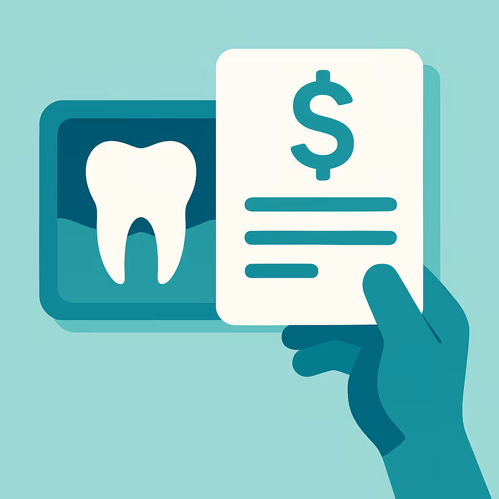 stylized illustration of a tooth xray image beside a document icon a checkmark symbol inside a circle gear icons and a dollar sign in pale teal color palette