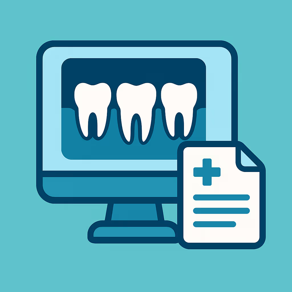 Minimalist flat style illustration depicting dental insurance with a document showing a tooth icon a receipt bearing a dollar sign a gear symbol and a shield with a check mark against a pastel blue background