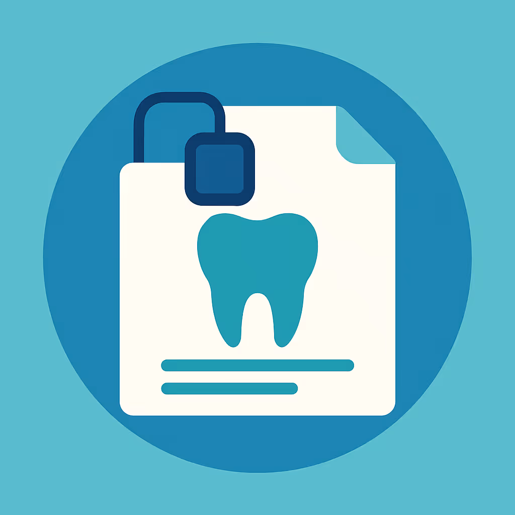 stylized graphic of dental xray showing a large tooth icon flanked by smaller teeth overlapped by a checklist document a settings gear icon a credit card icon and a dollar sign symbol representing dental billing and insurance