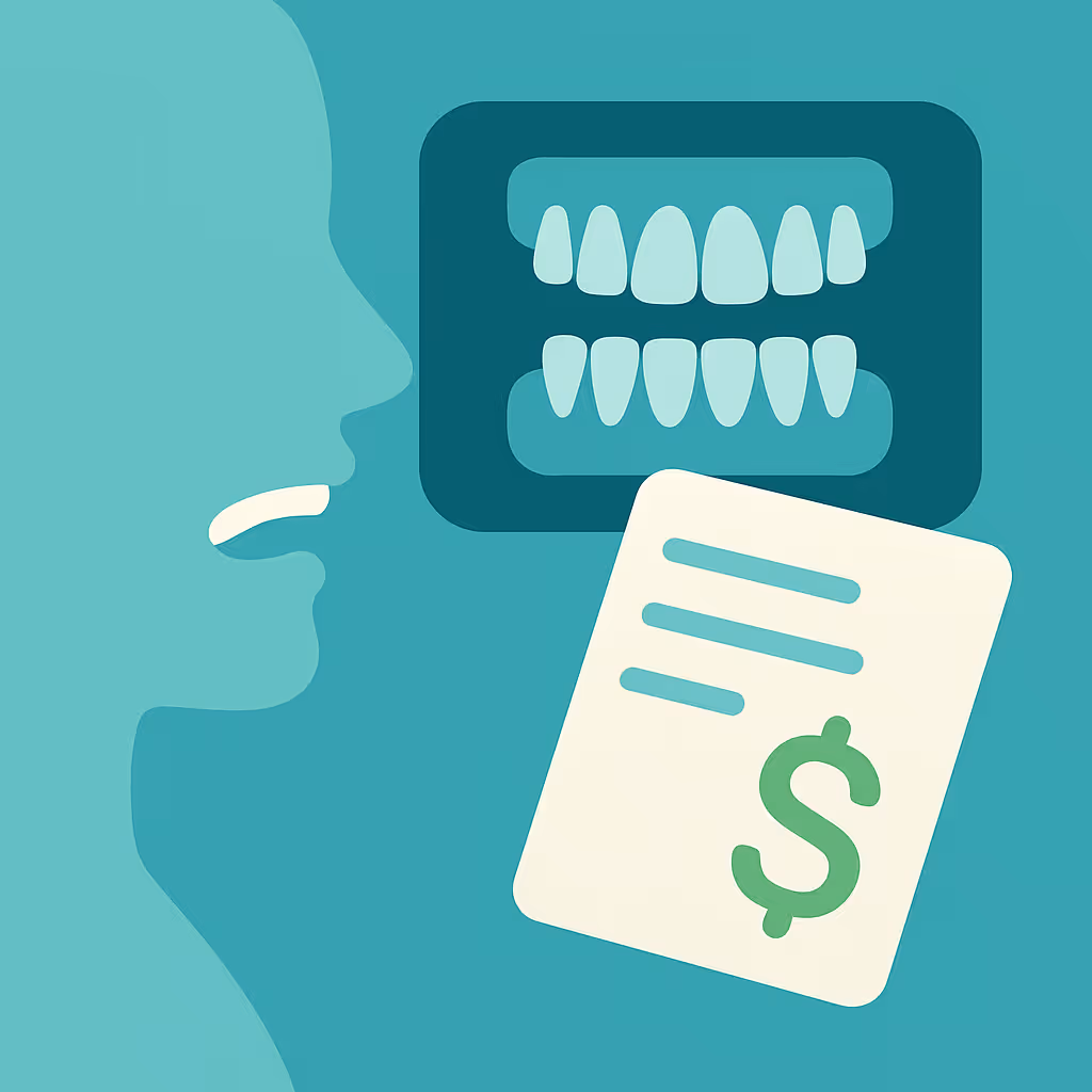 computer monitor showing profile of human skull simple tooth icon dental billing document labeled D0251 with checkmark gear symbol and receipt with dollar sign