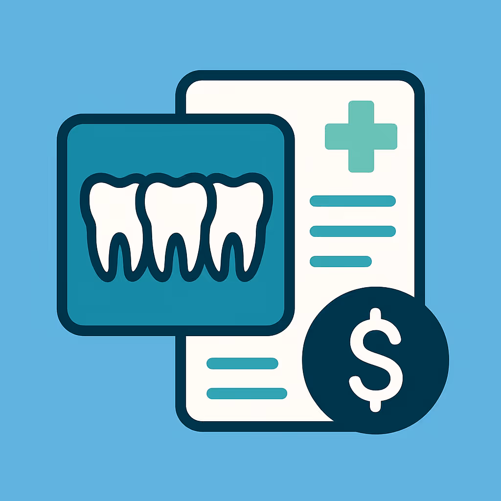 Vector illustration of dental insurance concept with large tooth icon shield with check mark document showing dental x ray paper with check mark and calculator