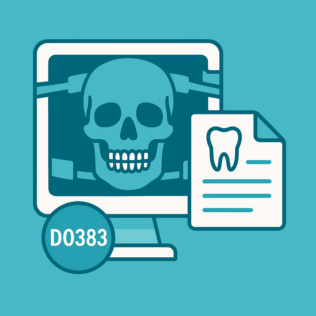 Illustration of computer monitor displaying skull xray next to dental chart showing tooth icon and code D0383