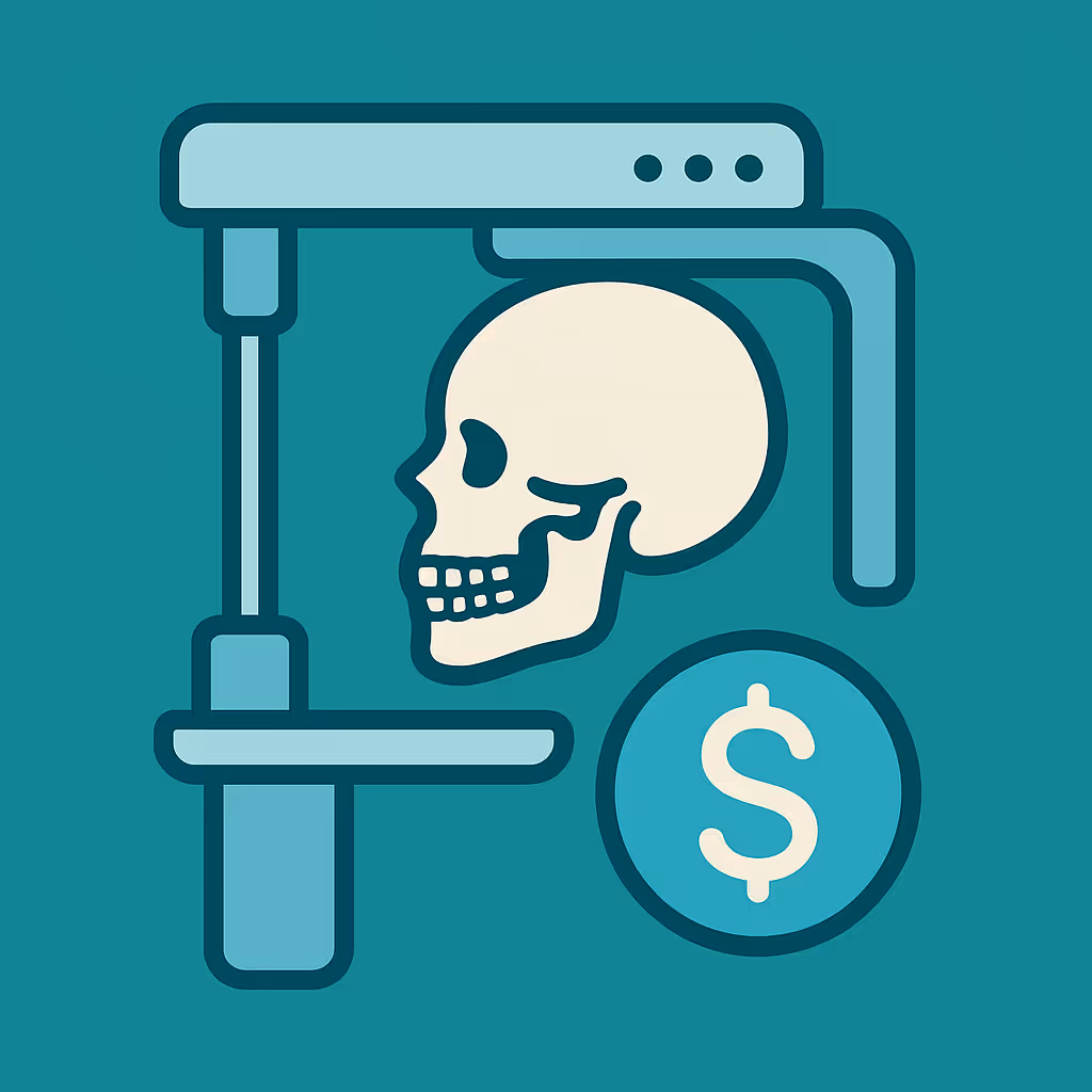 stylized human skull held in a clamp next to a dollar sign on teal background