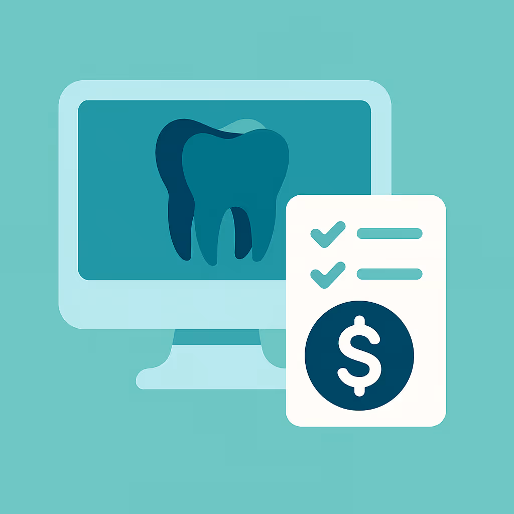 a computer monitor showing a stylized tooth and a billing document with two check marks and a dollar sign
