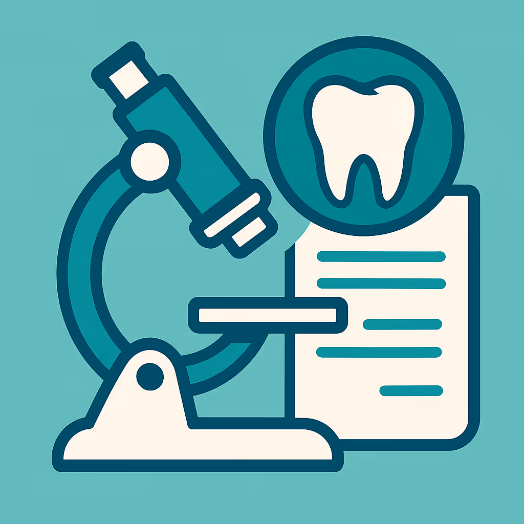 Teal illustration of a microscope beside a document icon with lines representing text and a circular magnifying graphic containing a white tooth shape