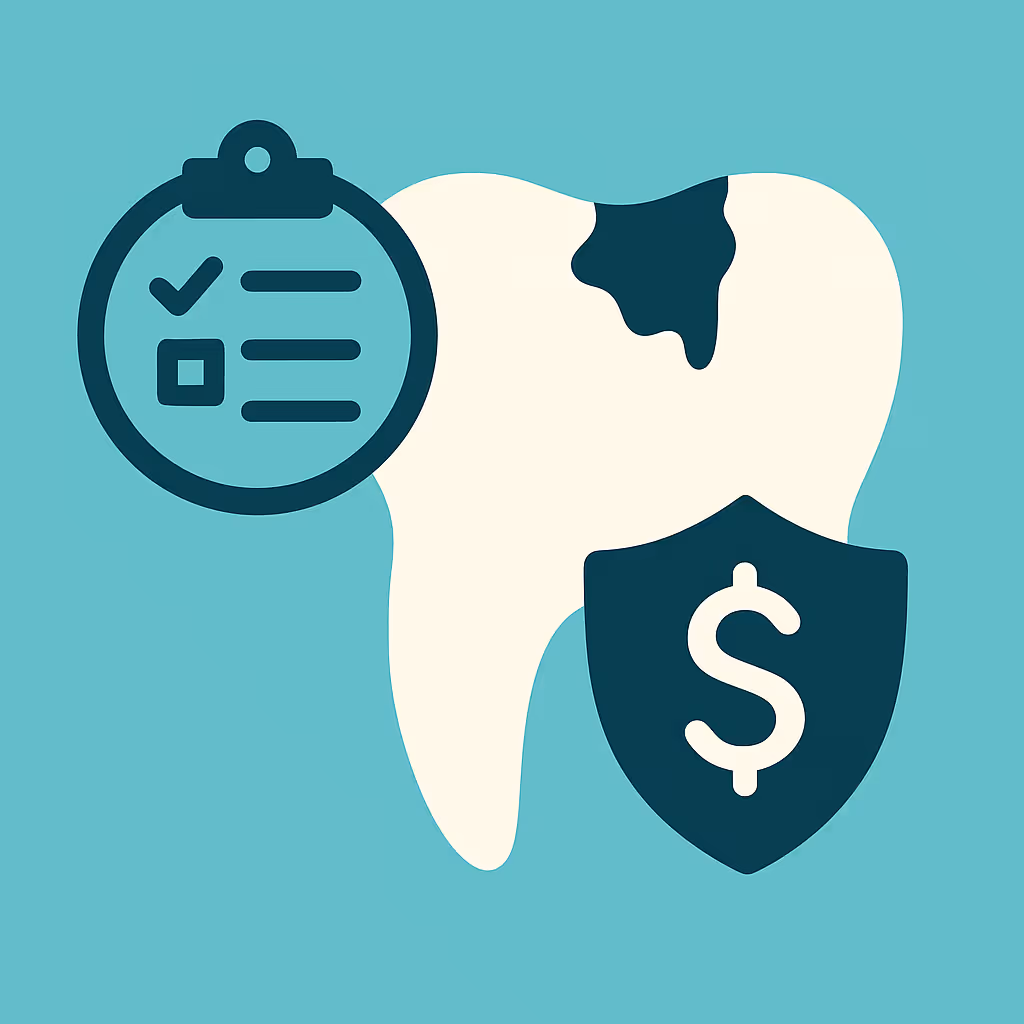 Stylized white molar with dark decay spot circular clipboard checklist icon on left shield with dollar sign on right teal background