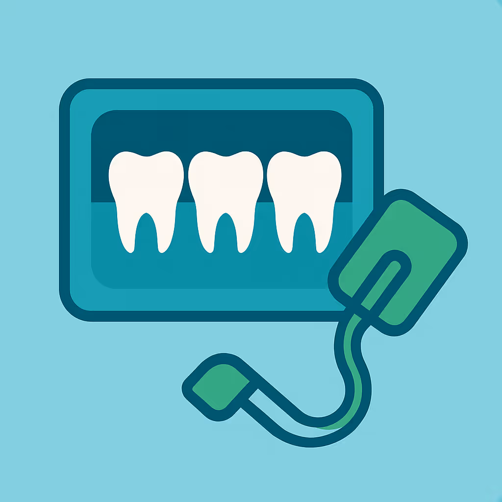 stylized illustration of dental xray display with three white molar teeth and a green sensor device on a teal background