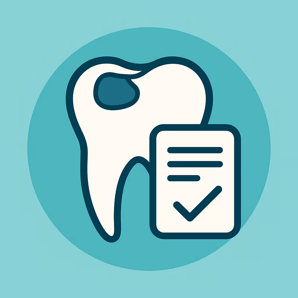 Stylized white tooth featuring a dark cavity spot beside a document icon displaying text lines and a checkmark all set against a teal circular background