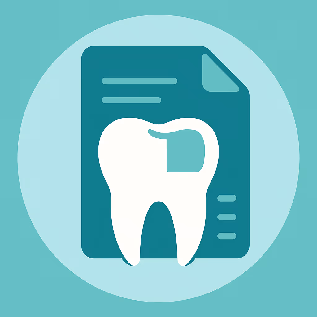 White stylized tooth shape overlaying a dark teal file document icon set inside a light teal circular background