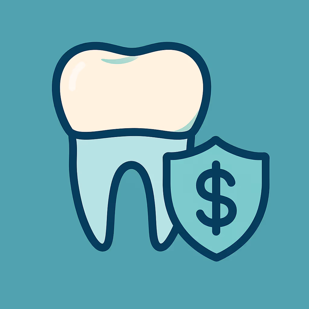stylized white and light blue tooth icon with dark outline on teal background next to shield with dollar sign