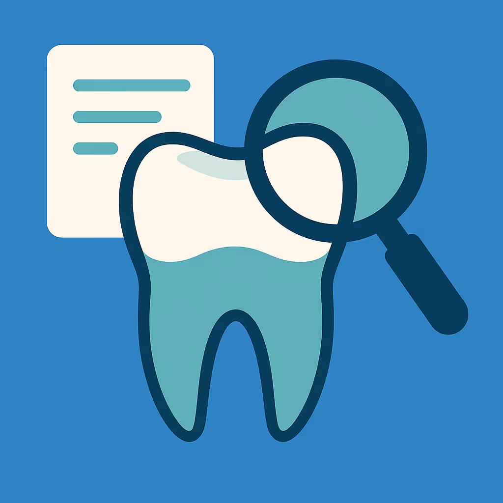 stylized illustration of a tooth with a magnifying glass and document icon on a blue background