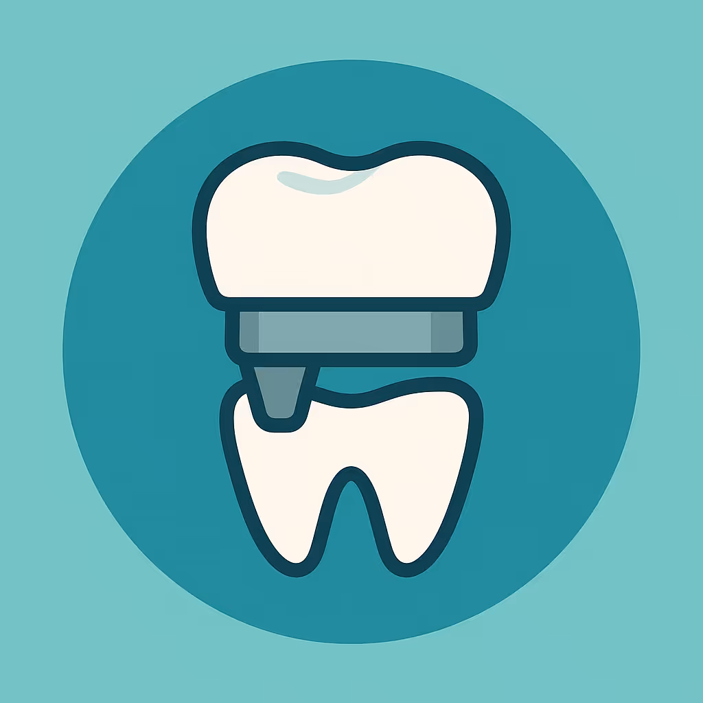 Stylized graphic of a dental implant showing a white tooth crown attached to a metal abutment anchored into a tooth root on a teal circular background