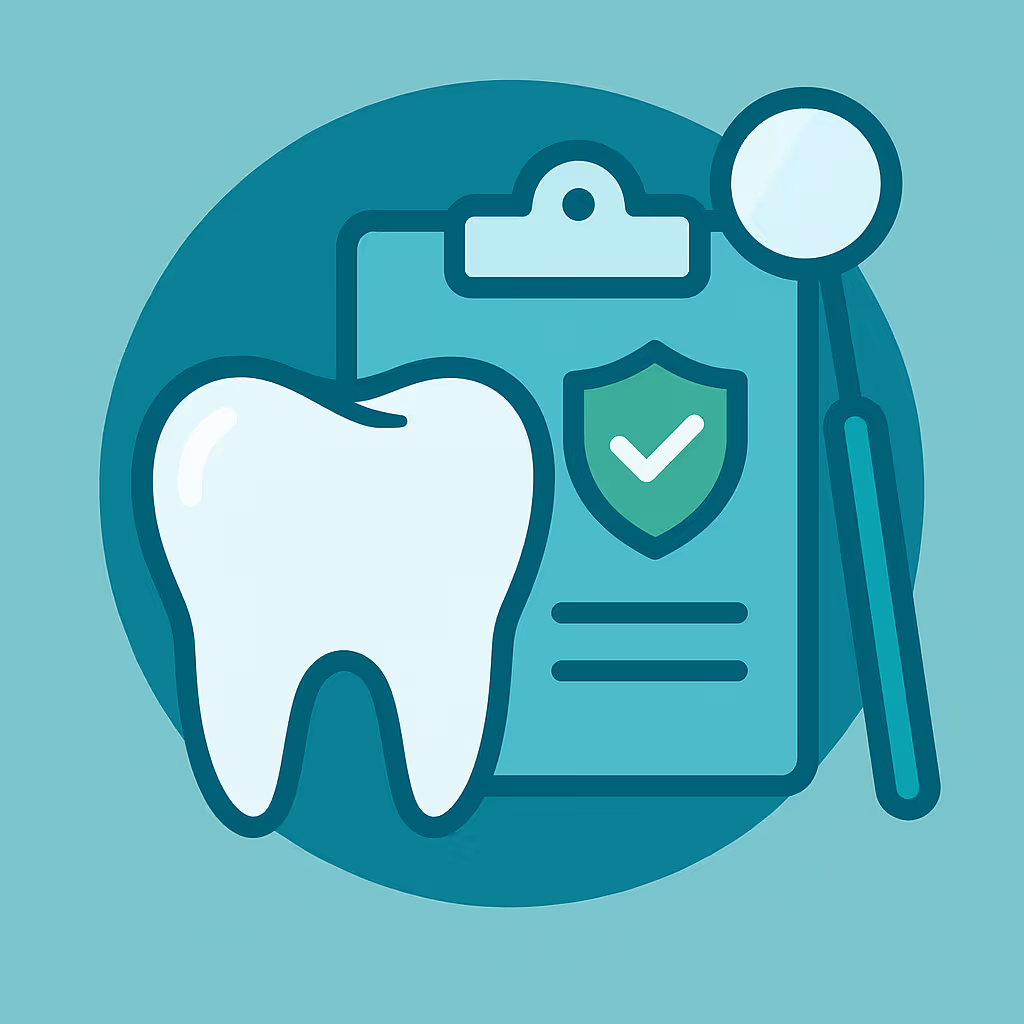 Stylized illustration of a large light teal tooth next to a clipboard displaying a shield with a checkmark and a dental mirror on a teal background