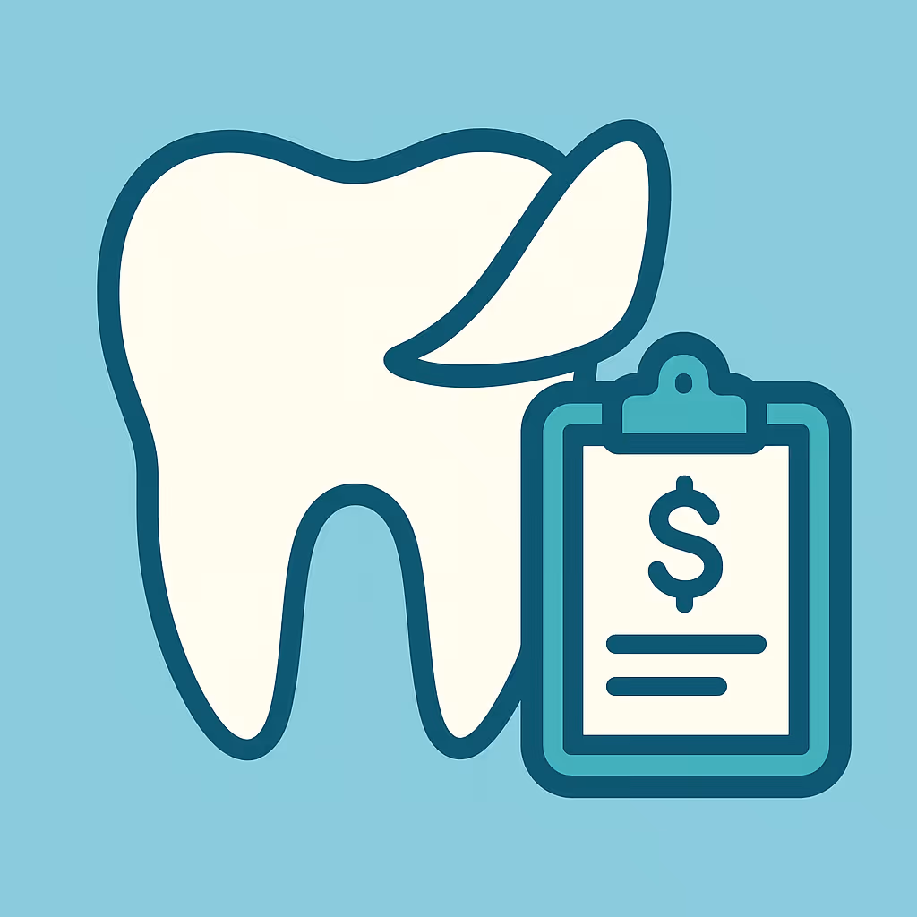 White cartoon tooth with peeling corner next to clipboard showing dollar sign for dental cost estimate