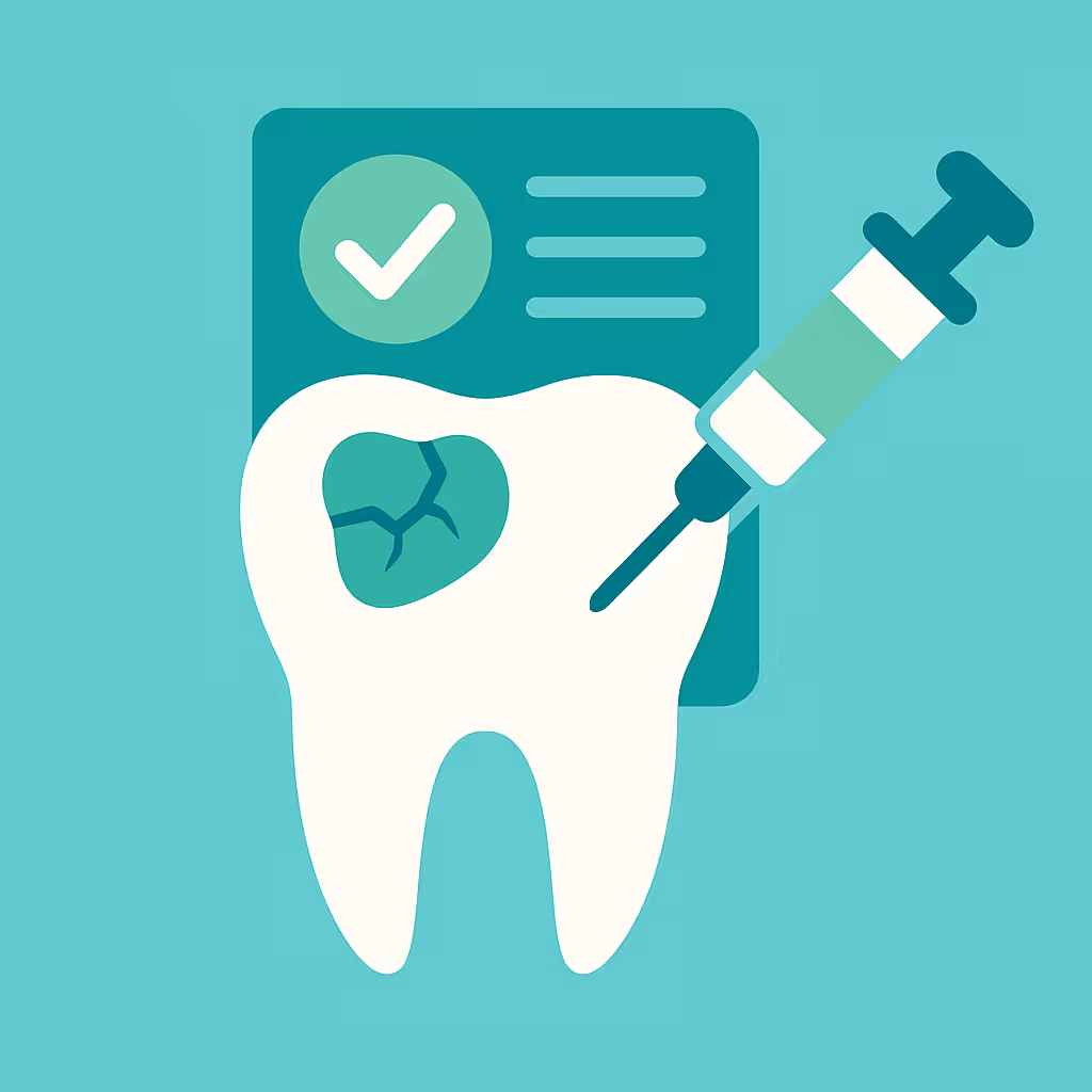 Cartoon style white tooth with a green cracked cavity next to a syringe and a teal medical chart with a check mark