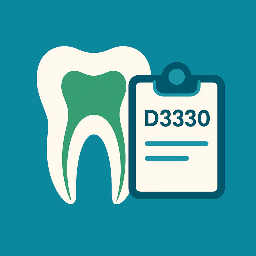 stylized illustration of a white and green tooth next to a clipboard showing the code D3330