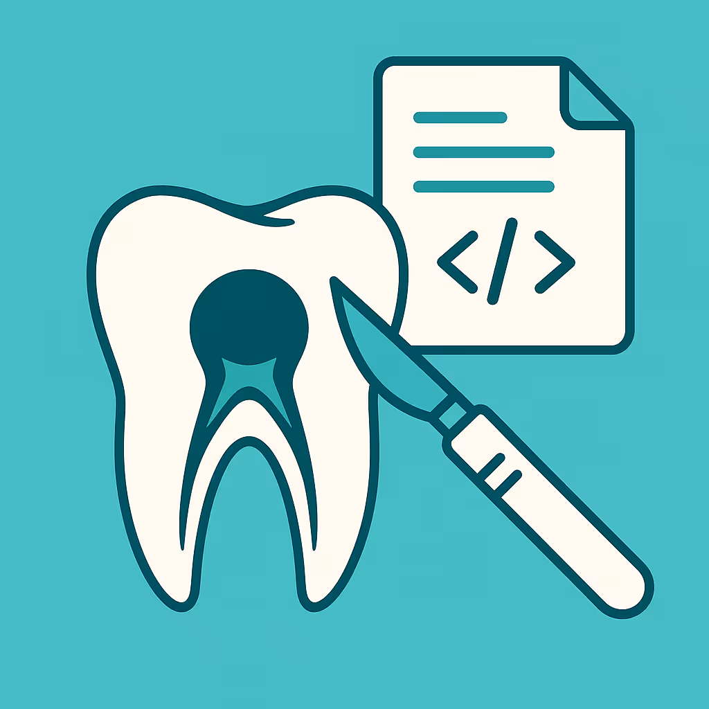 Stylized tooth cross section showing internal pulp next to surgical scalpel and document with code symbols