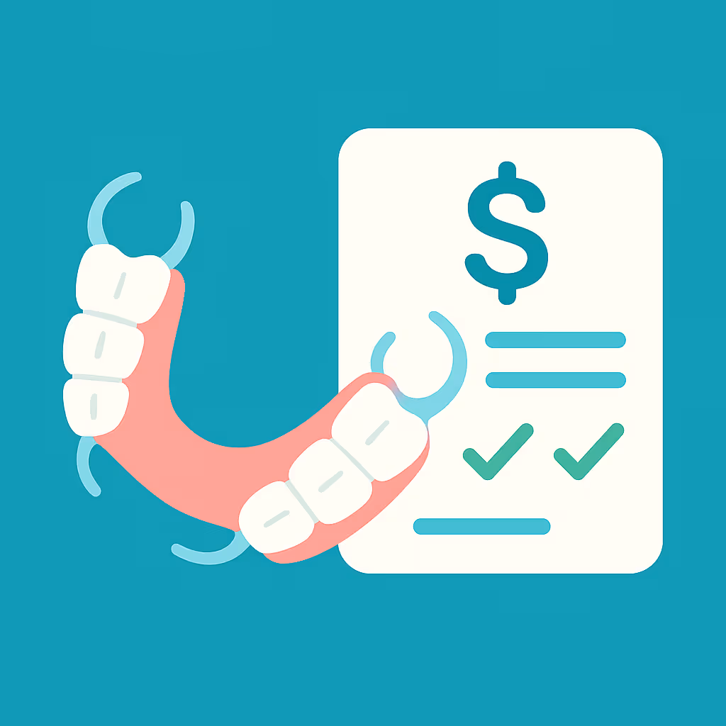 Two pink removable partial dentures with white teeth and metal clasps next to a paper icon showing a dollar sign text lines and green check marks