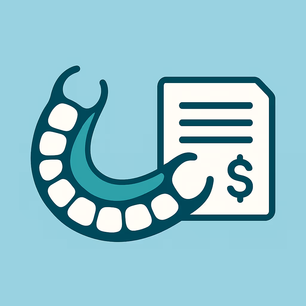 stylized graphic of dentures next to a document icon showing lines of text and a dollar sign on a teal background