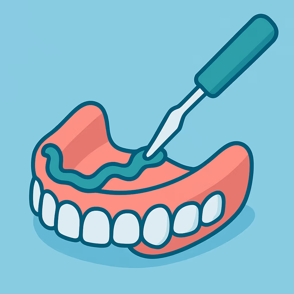 Cartoon style illustration of pink lower dentures with white teeth on a light blue background and a dental tool applying green adhesive along the gum line