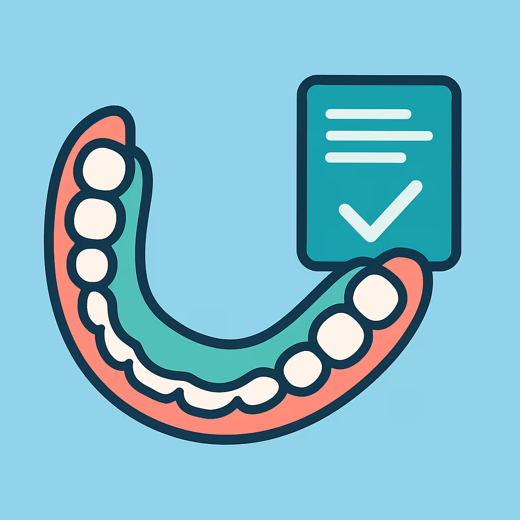 stylized illustration of a lower dental arch with white teeth on red and green gums next to a green document icon with a white checkmark on a blue background
