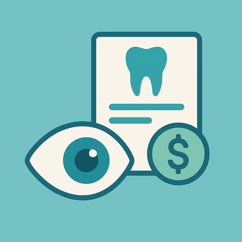 vector illustration of an eye a document displaying a tooth icon and a coin with a dollar sign on a teal background