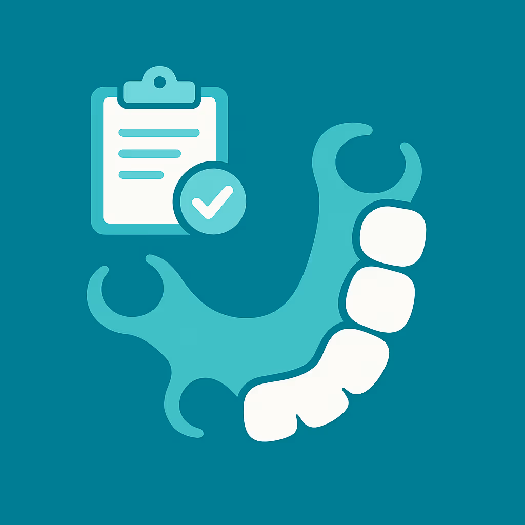 Stylized graphic of a dental partial denture and a clipboard with a checkmark on teal background