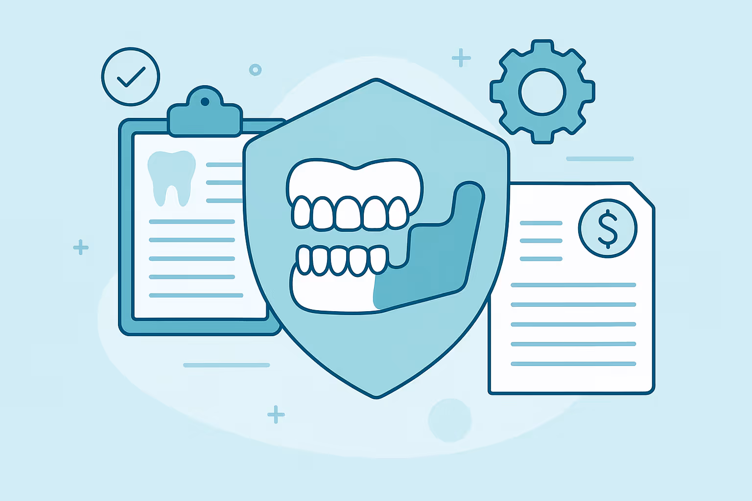 Shield containing stylized upper and lower teeth and jaw outline in front of a clipboard showing a tooth icon and lines of text on the left and a document with a dollar sign and lines of text on the right with a gear icon above on a pale teal background symbolizing dental insurance coverage
