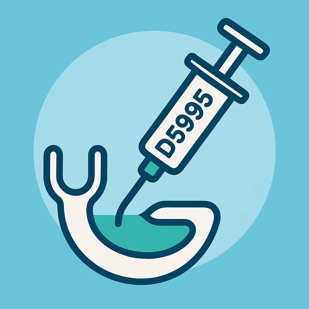 stylized illustration of a dental mouth retractor filled with fluid being injected by a syringe labeled D5995 on a teal background