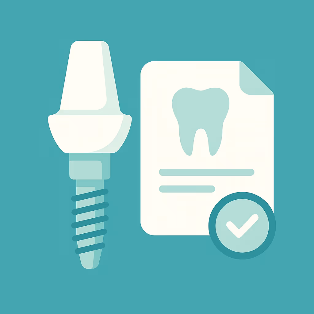 dental implant screw next to document with tooth icon and check mark indicating approval