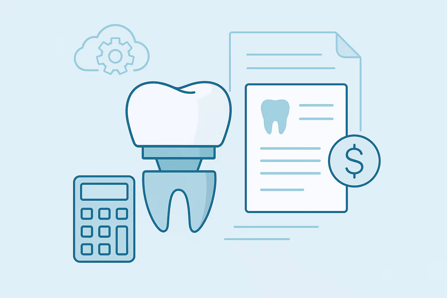 Illustration of a dental implant next to a billing document showing a tooth icon and dollar sign alongside a calculator and a cloud settings icon