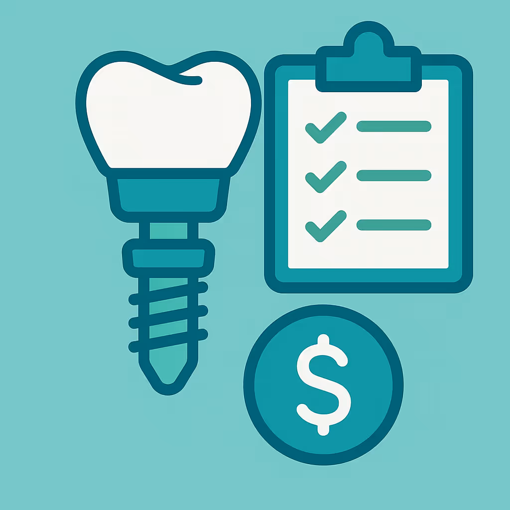 stylized graphic of a dental implant screw topped by a tooth crown beside a clipboard with three checkmarks and a circular dollar symbol