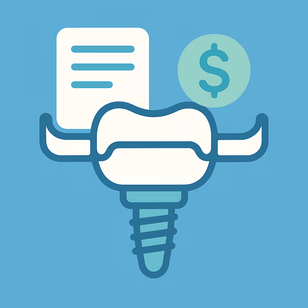 Icon of a dental implant screw topped by a stylized tooth with horns set in front of a document icon and a dollar sign circle