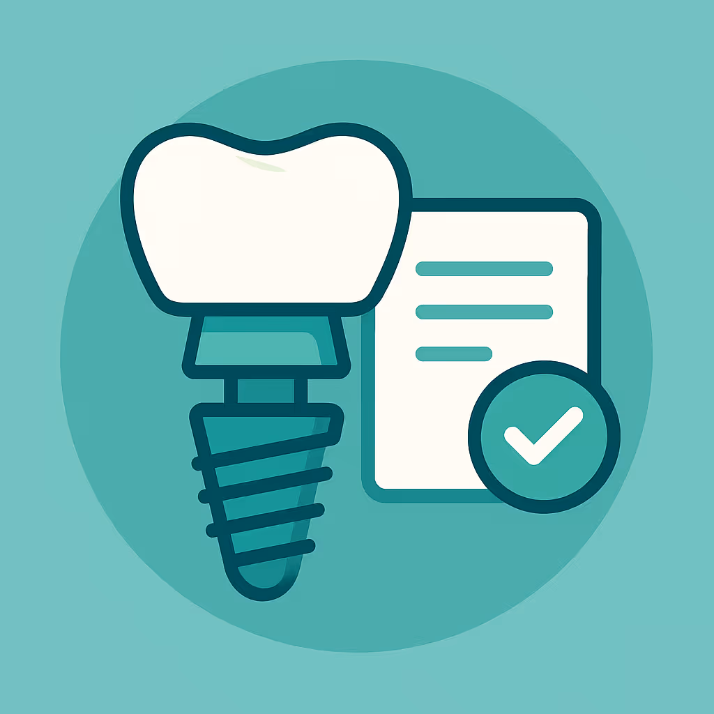 Illustration of a dental implant with tooth shaped crown next to document icon with horizontal lines and a circular checkmark symbol