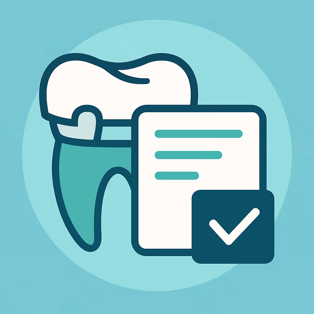 illustration of a stylized white tooth with a green root beside a sheet of paper showing horizontal lines and a checkmark on a teal circular background